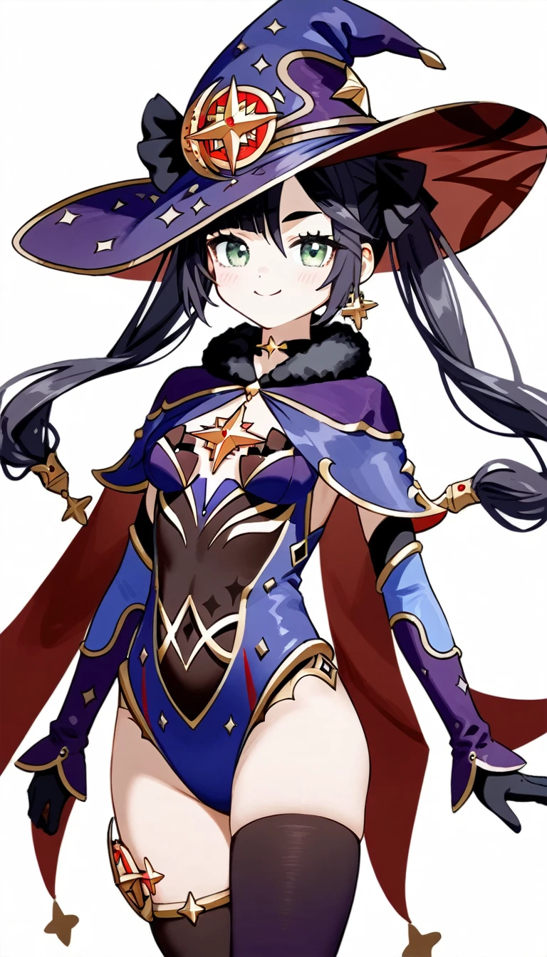 masterpiece,Ultra HD,score_9, score_8_superior, score_7_superior, score_6_superior,score_4_superior BREAK source_anime,可愛いanimeイラスト, One girl, alone, Mona XL, Long black hair, Green Eyes, tsurime, Twin tails, Medium chest, Witch Hat, Body stockings, leotard, Elbow hand pockets, Thigh guard, fur-trimmed capelet,View your viewers,smile,Swimming in the sea,