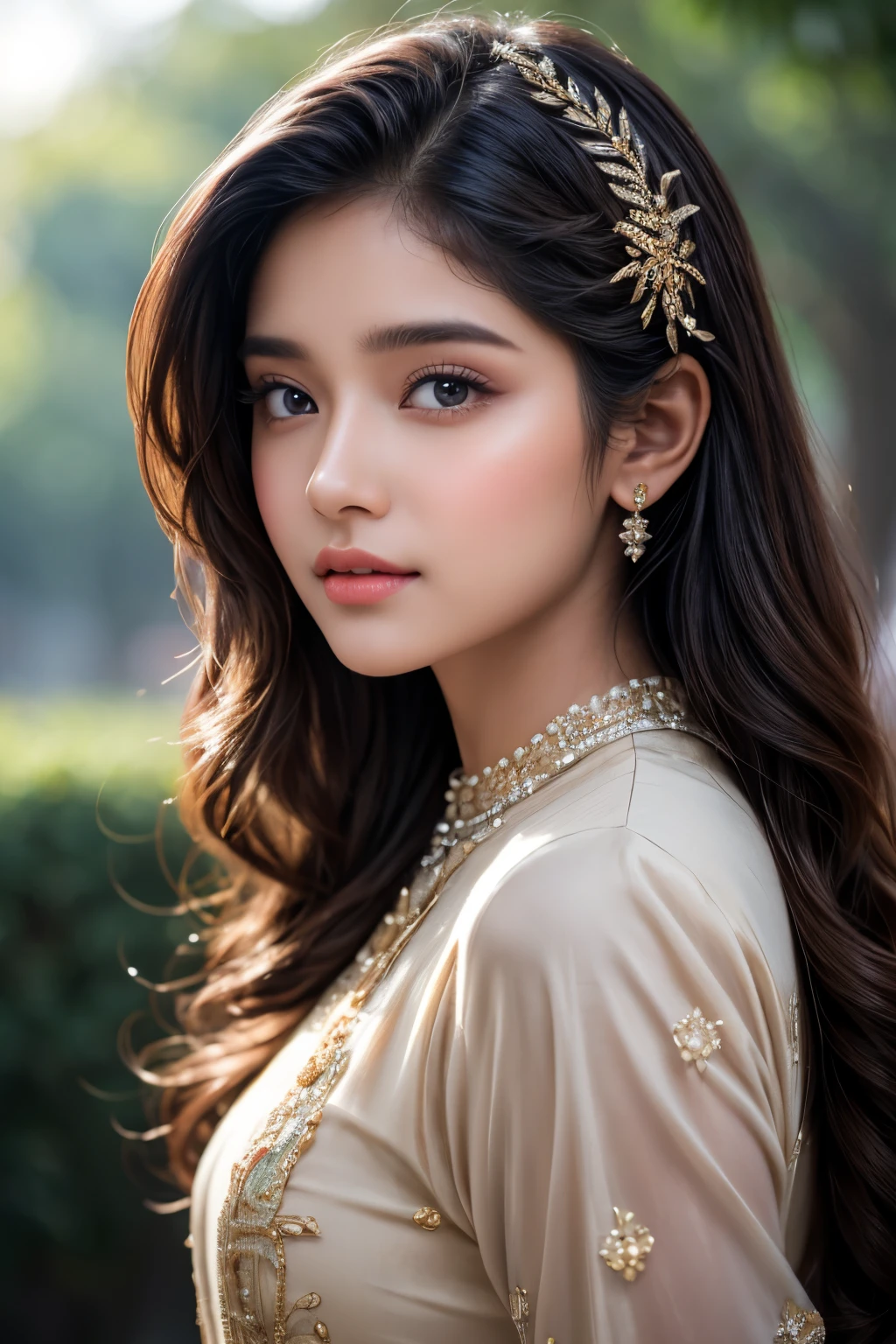 A breathtakingly beautiful 18-year-old girl named Anikha, who is the epitome of elegance and charm. She stands out as the central focus of this ultra-detailed, 8K resolution masterpiece with a perfect score of 9 and a UHD rating of 1.3. Her delicate facial features are captured with a stunning realism that's amplified by a majestic score of 1.5, making her appear as if she's stepped out of a high-definition dream. Her skin glows with a soft blush, perfectly accentuating her detailed, natural beauty. Her eyes, a rich brown, are filled with a blissful vibe, reflecting the cinematic lighting that surrounds her. They are so realistic and sharp that they seem to hold secrets of the universe within them. Her long shining hair are adorned with a hair ornament that adds an extra touch of elegance to her already flawless look. The background, a canvas of blurred perfection with a score of 1.7 for background blur, showcases an intricate design that complements the overall aesthetic without overwhelming the main subject.