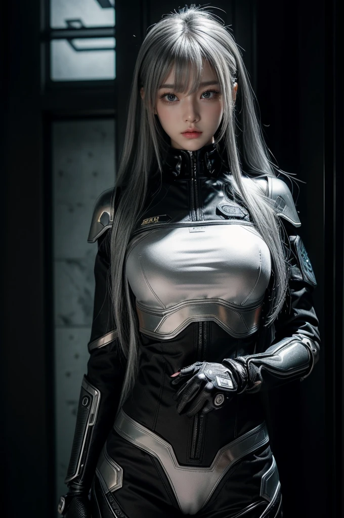 cyber angel,machine wing,{{Sci-Fi Armor}},cyber suit,cyberpunk,science fiction,cyber battle armor,Battledress,Military Uniforms,pants,black military uniform,whole body,Height: 168cm,almond shape eyes,{{{{{silver eyes}}}}},{{{{{dull bangs}}}}},(slanted eyes},{{whole body},{{{1 girl}}}, long hair, straight hair,{{{{silver hair}}}},{{{tsurime}}},30 years old,{Medium chest},{{bush}},silver eyes,{{{masterpiece}}}, {{{highest quality}}}, {{Super detailed}}, {shape}, {{very delicate and beautiful}},very detailed,detailed perfect,detailed hyper,Abundant thighs,big ass,black clothes,natural hands
