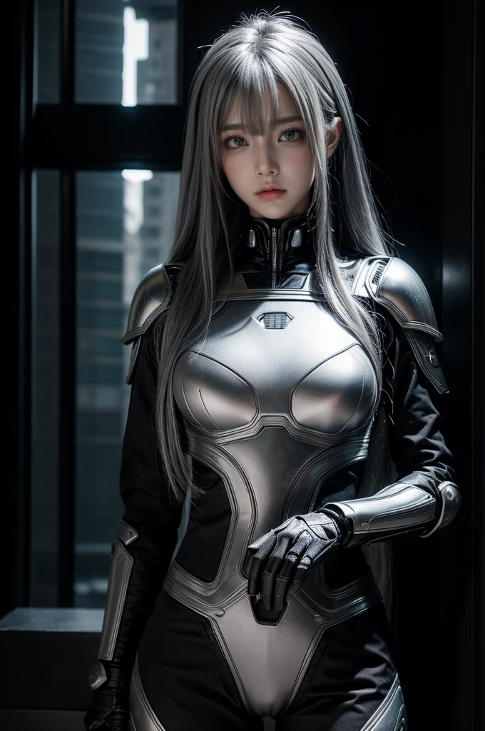 cyber angel,machine wing,{{Sci-Fi Armor}},cyber suit,cyberpunk,science fiction,cyber battle armor,Battledress,Military Uniforms,pants,black military uniform,whole body,Height: 168cm,almond shape eyes,{{{{{silver eyes}}}}},{{{{{dull bangs}}}}},(slanted eyes},{{whole body},{{{1 girl}}}, long hair, straight hair,{{{{silver hair}}}},{{{tsurime}}},30 years old,{Medium chest},{{bush}},silver eyes,{{{masterpiece}}}, {{{highest quality}}}, {{Super detailed}}, {shape}, {{very delicate and beautiful}},very detailed,detailed perfect,detailed hyper,Abundant thighs,big ass,black clothes,natural hands