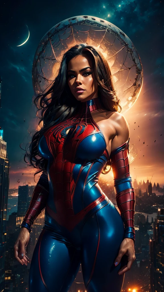 Adult Latina model Daisy Marie, topless, Sexy female dressed as Spider-Man, sexy with enormous tits, gorgeous face, beautiful, hourglass figure, highly detailed, masterpiece, 96k rendering, full moon in background, stars in sky, city lights, New York, nighttime, spider web, exsquisite MCU cinematic lighting, accurate real life face, perfect facial features, super long flowing brunette hair