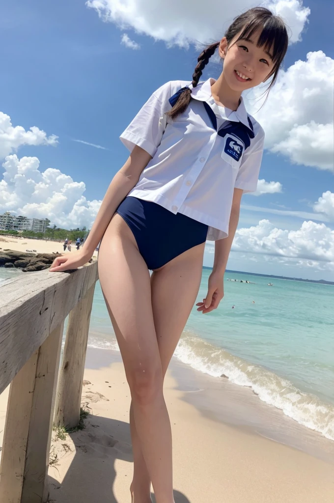 {1 | 2 | 3} girls standing in school field,cumulonimbus cloud in summer sky,navy blue speedo swimming briefs,white sailor shirt over,school bag,18-year-old,bangs,a little smile,thighs,knees,short hair with low pigtails bunches,from below,front light