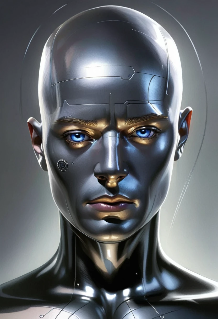 1 futuristic bald man, flat American, without any facial features, it seems that his face is lined with a type of texture, (ntf image), digital human, Character Design The character should be simple to draw, but should have distinctive and memorable features that help to make him stand out. Please generate a variety of poses and expressions for the character, and feel free to experiment with different clothing designs or accessories to help further develop his personality and style.