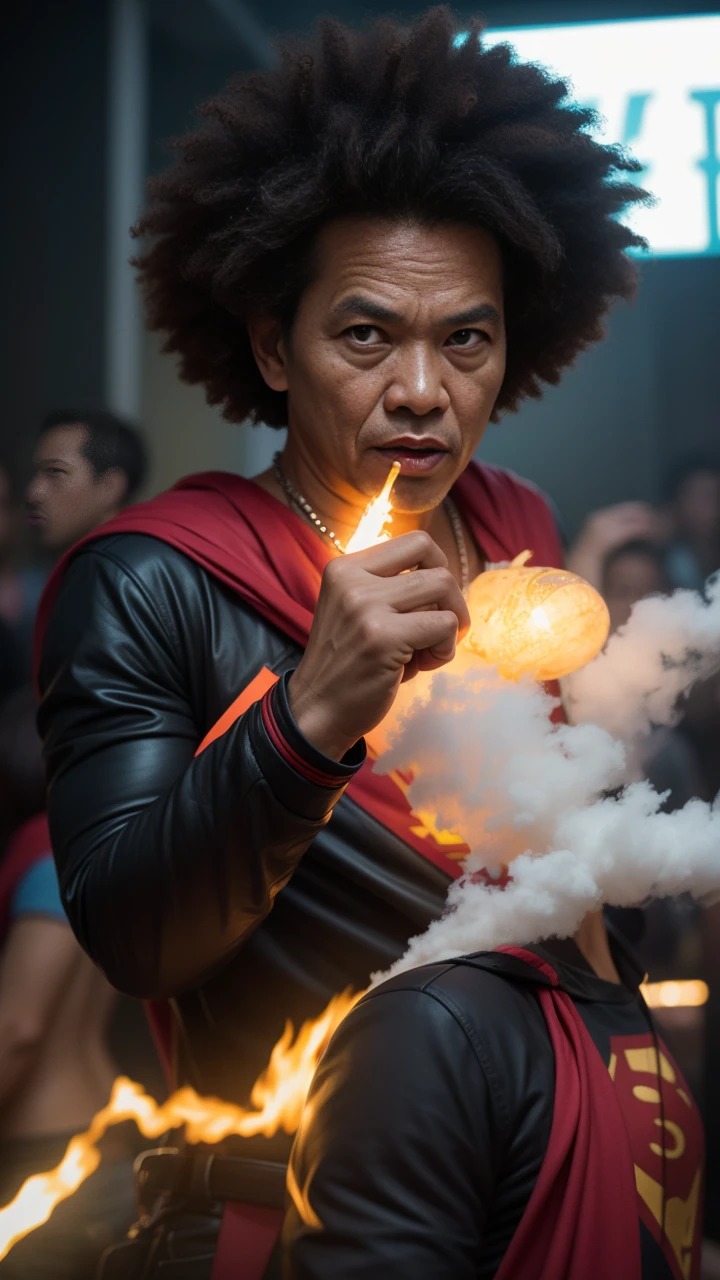 a 70 years old malay man in superman costume outfit with big afro hair standing in front of a bustling crowded night club holding a big colorful lollipop, night, serious face, nighttime, in superman movie style, hyper - realistic photography, dramatic effect, smoke effect in background, dark color grading, full body, 8k, close - up shot, extreme close - up photo