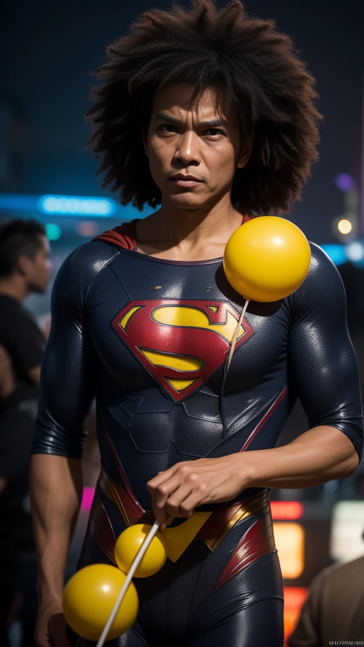 a 70 years old malay man in superman costume outfit with big afro hair standing in front of a bustling crowded night club holding a big colorful lollipop, night, serious face, nighttime, in superman movie style, hyper - realistic photography, dramatic effect, smoke effect in background, dark color grading, full body, 8k, close - up shot, extreme close - up photo