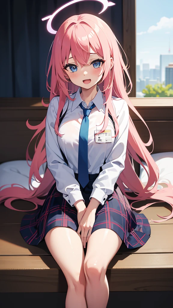beautiful illustration、top-quality、Cute little girl s、bedroom、A pink-haired、happiness、a miniskirt、White blouses、Two-side-up、lovely thighs、glowing thigh、blue eyess、big breasts、on the beds、Are sleeping。、Flipping up the skirt with your hands、Show white panties、Pull up your skirt and show your panties、