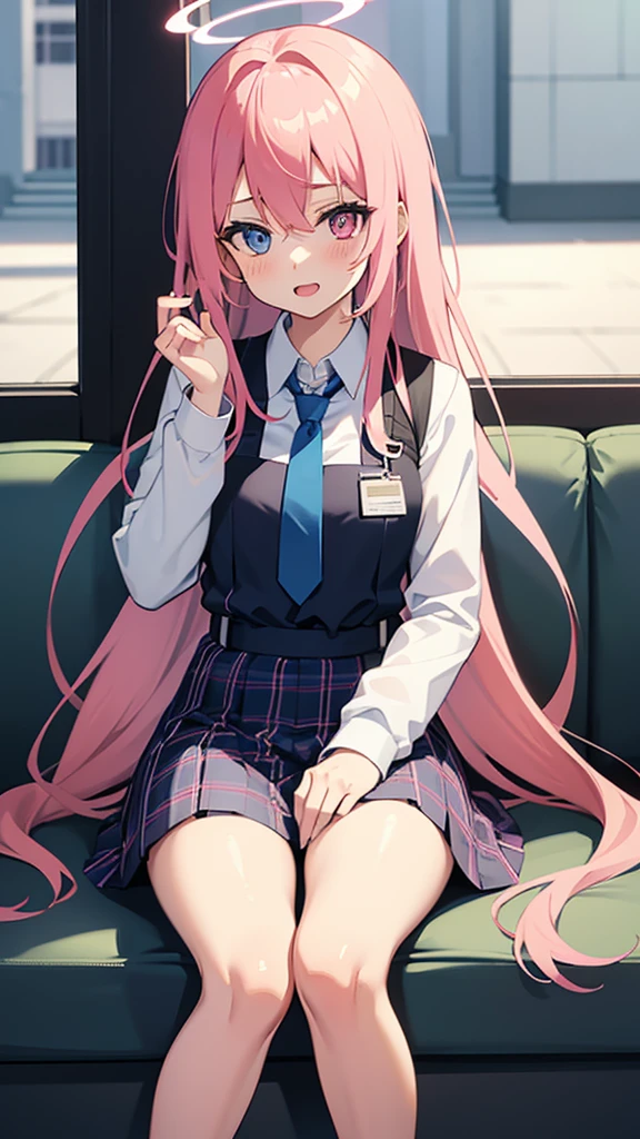 1girl, hoshino (blue archive), solo, heterochromia, pink hair, skirt, long hair, necktie, ahoge, shirt, halo, plaid skirt, blue eyes, plaid,  looking at viewer, white shirt, sitting, orange eyes, chest harness, harness, long sleeves, id card, open mouth, very long hair, collared shirt, smile, blue necktie, bangs, feet out of frame, between legs, hand between legs, blush, hair between eyes, highres,masterpiece, best quality