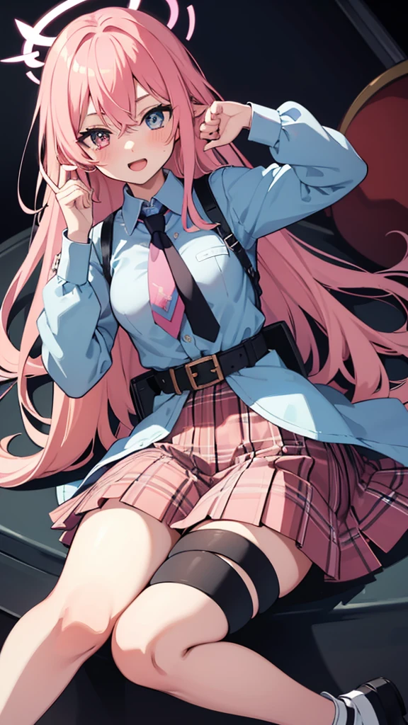 1girl, hoshino (blue archive), solo, heterochromia, pink hair, skirt, long hair, necktie, ahoge, shirt, halo, plaid skirt, blue eyes, plaid, looking at viewer, white shirt, sitting, orange eyes, chest harness, harness, long sleeves, id card, open mouth, very long hair, collared shirt, smile, blue necktie, bangs, feet out of frame, between legs, hand between legs, blush, hair between eyes, highres,masterpiece, best quality