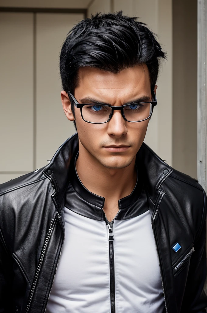 A young man with spiky black hair and bright blue eyes. He wears a black leather jacket with a silver zipper down the front. A white collared shirt peeks out from under the jacket. He has on black framed glasses. He looks determined and seems to be ready for action.