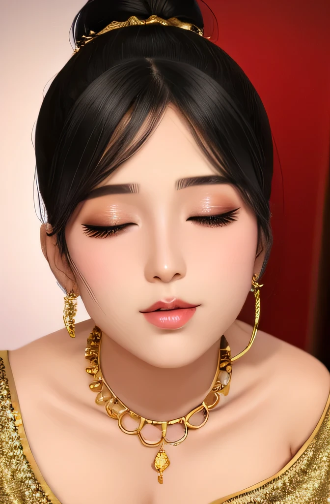 Sexy woman, black hair tied in a bun, smokey eyes, eyeliner, blushing intensely, fairest skin, plump face, soft lips, gold blouse, white saree with gold borders, pinned against a wall