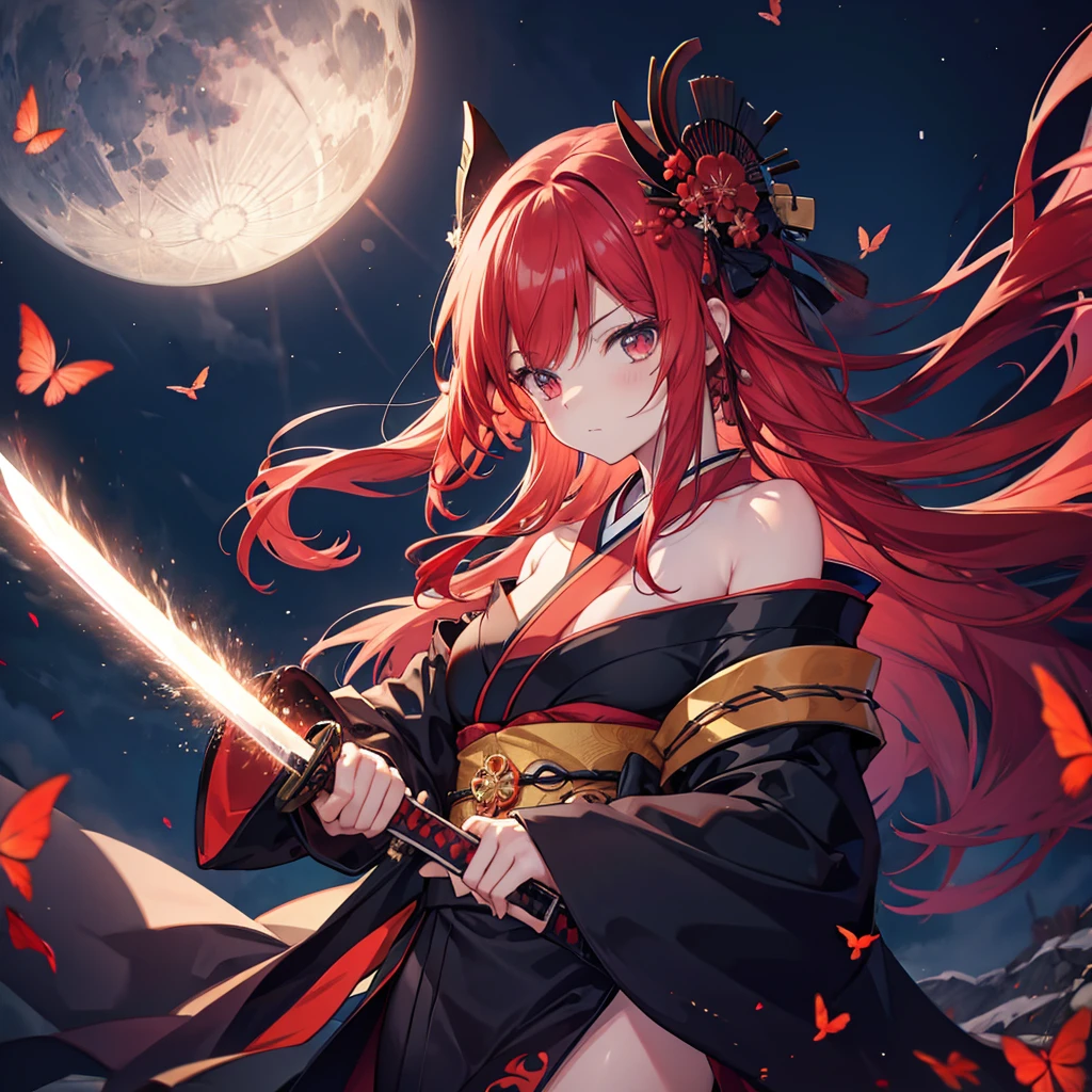 ((((Grasp the sword　1 person))))　(((Redhead　Long Hair　Black kimono　red band　Goddess of victory)))　((Red butterfly　night　Japanese style　shoulder　old))　(moon　star　autumn)　Shining Edge　Shining Background