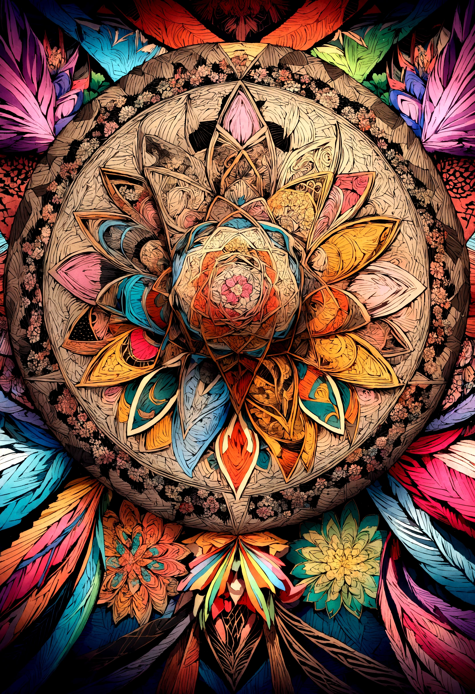 Official Art, unity 8k wallpaper, Super detailed, beautiful and aesthetic, beautiful, masterpiece, Highest quality, (zenTangle, Mandala, Tangle, enTangle), (Flower Ecstasy:1.2) Dynamic Angle, Cowboy Shot, the most beautiful form of chaos, elegant, Brutalist design, Vibrant colors, Romanticism, atmospheric information