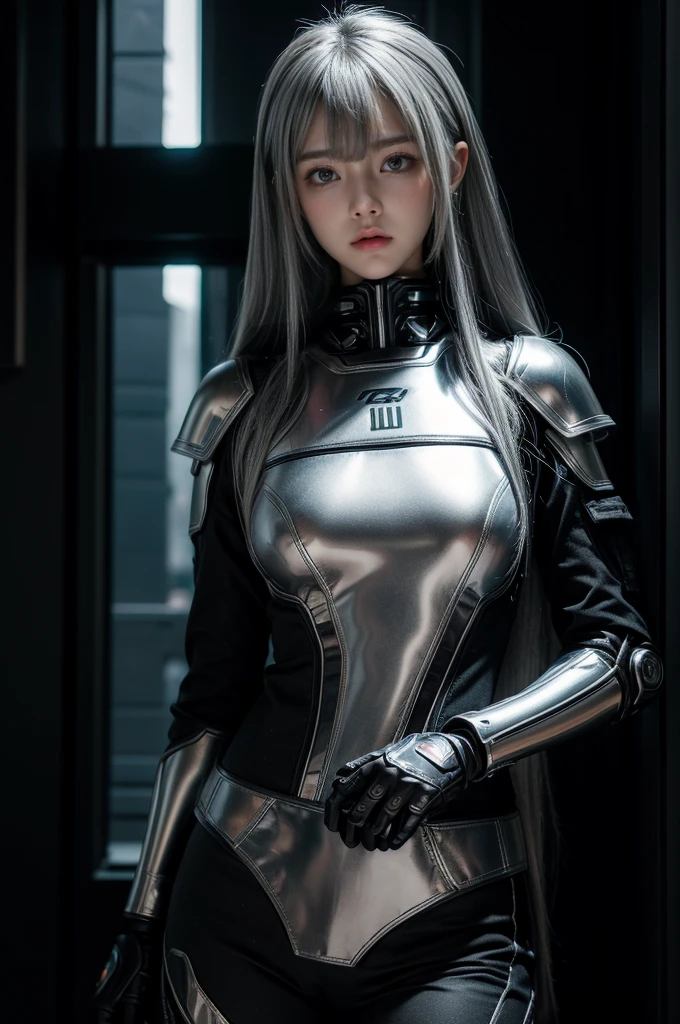 cyber angel,machine wing,{{Sci-Fi Armor}},cyber suit,cyberpunk,science fiction,cyber battle armor,Battledress,Military Uniforms,pants,black military uniform,whole body,Height: 168cm,almond shape eyes,{{{{{silver eyes}}}}},{{{{{dull bangs}}}}},(slanted eyes},{{whole body},{{{1 girl}}}, long hair, straight hair,{{{{silver hair}}}},{{{tsurime}}},30 years old,{Medium chest},{{bush}},silver eyes,{{{masterpiece}}}, {{{highest quality}}}, {{Super detailed}}, {shape}, {{very delicate and beautiful}},very detailed,detailed perfect,detailed hyper,Abundant thighs,big ass,black clothes,natural hands