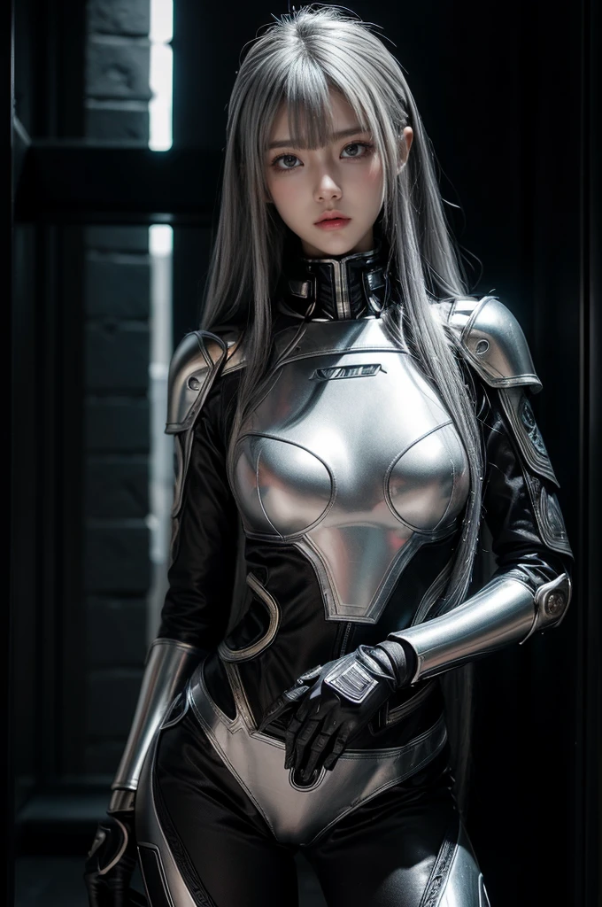 cyber angel,machine wing,{{Sci-Fi Armor}},cyber suit,cyberpunk,science fiction,cyber battle armor,Battledress,Military Uniforms,pants,black military uniform,whole body,Height: 168cm,almond shape eyes,{{{{{silver eyes}}}}},{{{{{dull bangs}}}}},(slanted eyes},{{whole body},{{{1 girl}}}, long hair, straight hair,{{{{silver hair}}}},{{{tsurime}}},30 years old,{Medium chest},{{bush}},silver eyes,{{{masterpiece}}}, {{{highest quality}}}, {{Super detailed}}, {shape}, {{very delicate and beautiful}},very detailed,detailed perfect,detailed hyper,Abundant thighs,big ass,black clothes,natural hands