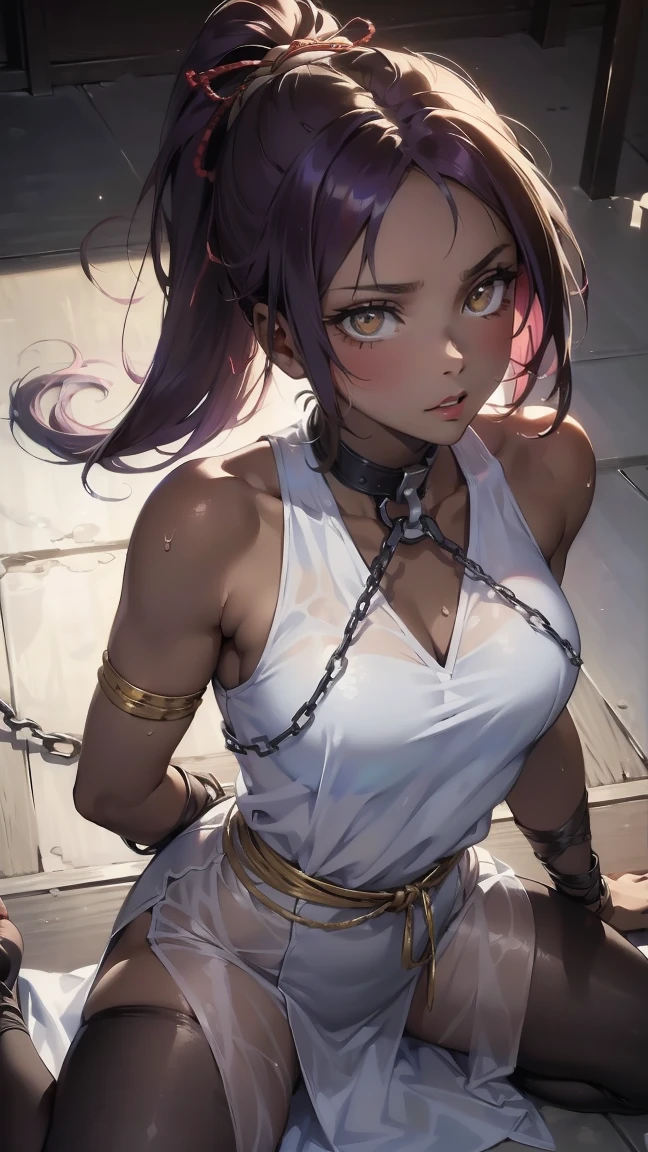 (masterpiece), Highest quality, Expressive eyes, Perfect Face, View your viewers, One girl, alone, Mature Woman, Mouth closed, (((Dark skinned women))), (((Dark Skin))),  （White cloth）, Elbow hand pockets, Bare shoulders, clavicle, Yellow Eyes, Purple Hair, Long Hair, ponytail,Yoruichi、(((Sweating with aphrodisiac、Sweat makes the fabric transparent and your skin is visible through it，The aphrodisiac circulates throughout the body、Have patience、On the brink of climax、Constraints、ロープによるConstraints、Constraints、Kneel，Hands tied behind back、Chained with an iron collar)))
