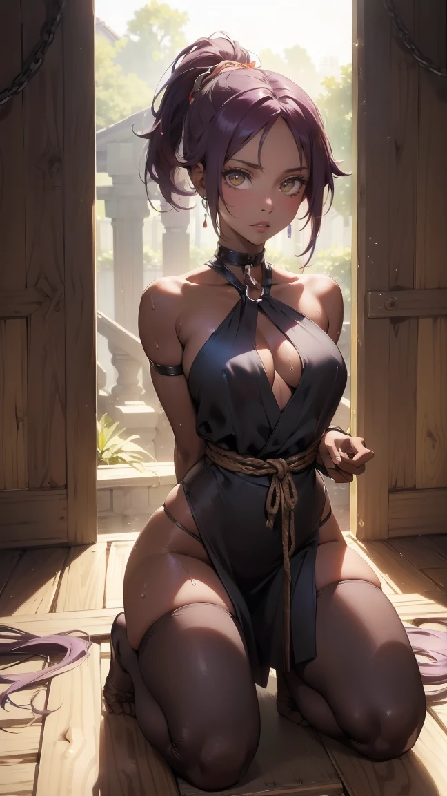 (masterpiece), Highest quality, Expressive eyes, Perfect Face, View your viewers, One girl, alone, Mature Woman, Mouth closed, (((Dark skinned women))), (((Dark Skin))),  （White cloth）, Elbow hand pockets, Bare shoulders, clavicle, Yellow Eyes, Purple Hair, Long Hair, ponytail,Yoruichi、(((Sweating with aphrodisiac、Sweat makes the fabric transparent and your skin is visible through it，The aphrodisiac circulates throughout the body、Have patience、On the brink of climax、Constraints、ロープによるConstraints、Constraints、Kneel，Hands tied behind back、Chained with an iron collar)))
