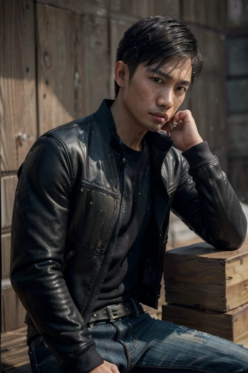 (masterpiece: 1.35), (best quality: 1.4), 8k, highly detailed, photography, (highly realistic: 1.4), film grain, Fujifilm XT3,1 male, adult, (slender Asian male : 1.45), solo, male focus ,black bomber leather jacket,jeans,simple background,(Two Block Layered Haircut,Sweat,Twitch:1.45),