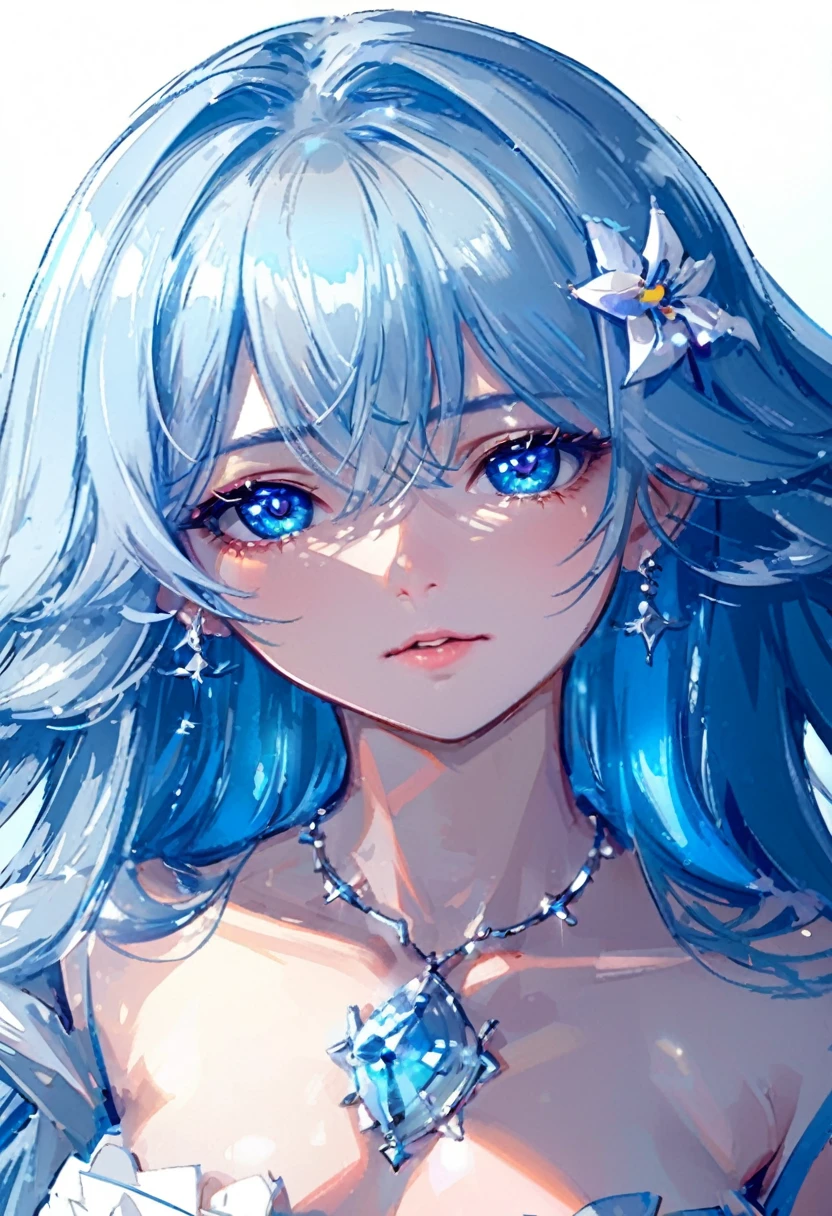 masterpiece, Highest quality, figure, Sax Blue, Platinum Earrings, Platinum Necklace, White Dress, One girl, cute, (Dynamic Lighting:1.2), Cinema Lighting, Delicate facial features, Fine grain, Sharp pupils, Realistic students, Depth of written boundary, Bokeh, Sharp focus, (Ultra-detailed, bloom, shine:1.4), Lots of little gems、Water Fairy、The shading is soft