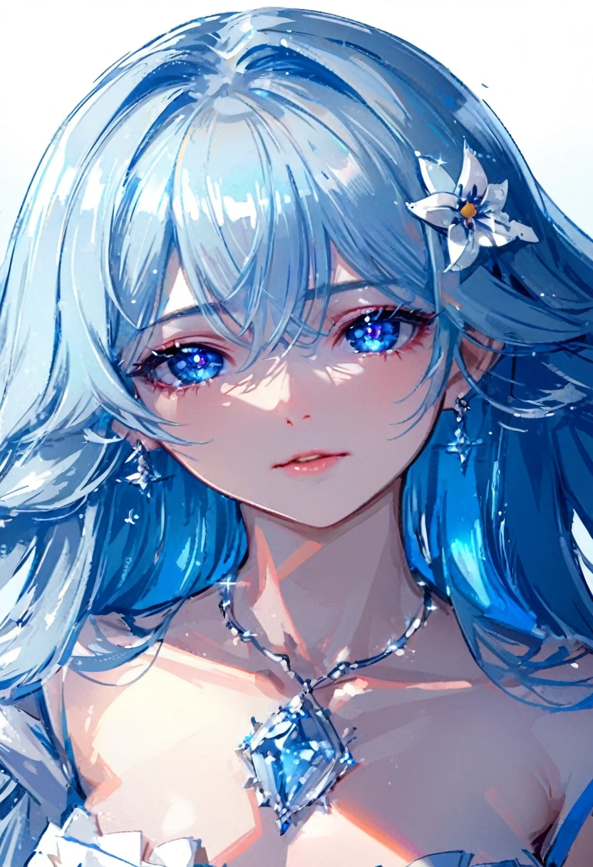 masterpiece, Highest quality, figure, Sax Blue, Platinum Earrings, Platinum Necklace, White Dress, One girl, cute, (Dynamic Lighting:1.2), Cinema Lighting, Delicate facial features, Fine grain, Sharp pupils, Realistic students, Depth of written boundary, Bokeh, Sharp focus, (Ultra-detailed, bloom, shine:1.4), Lots of little gems、Water Fairy、The shading is soft