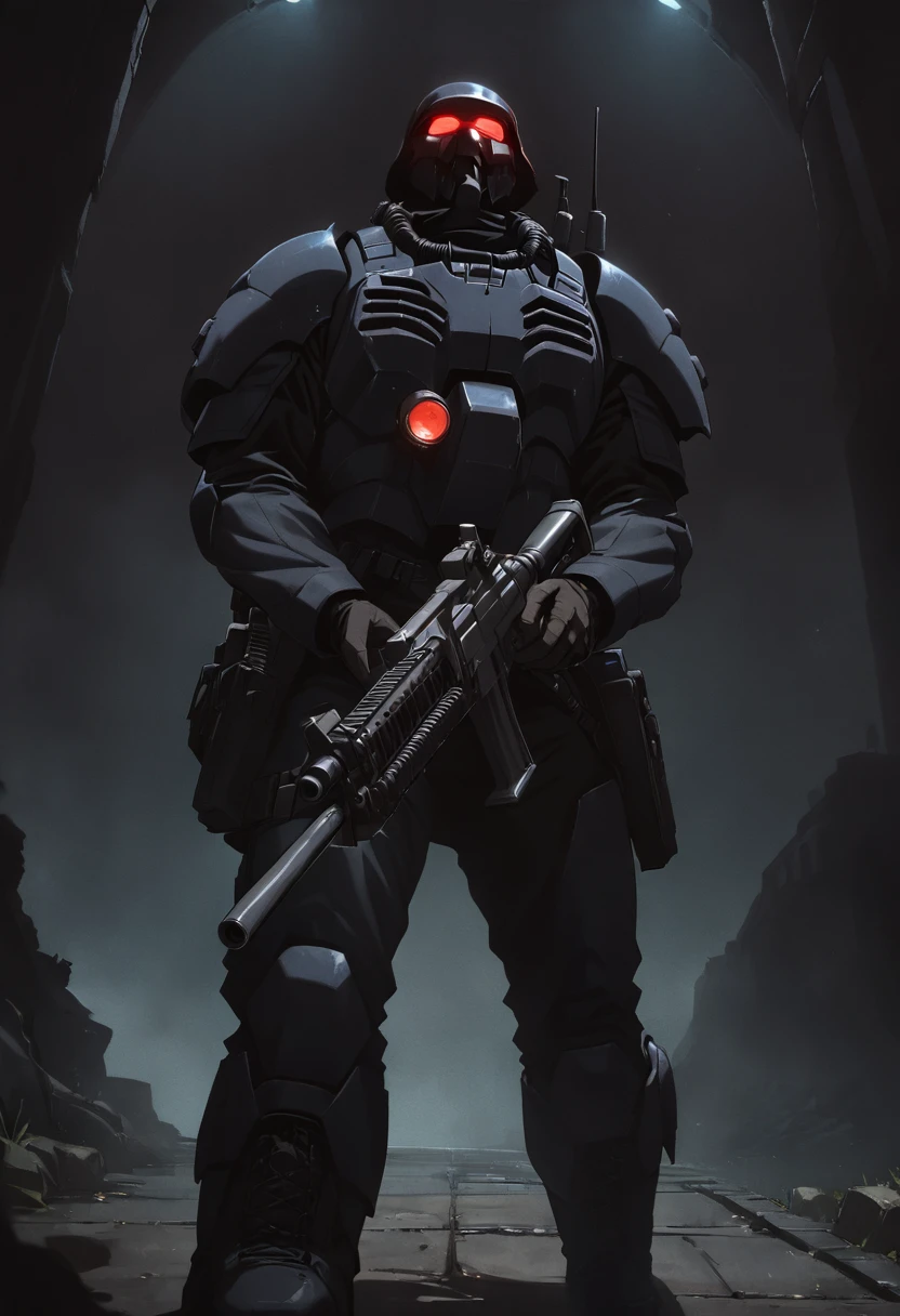 jin-roh!,1 boy,glowing,cowboy shot,strong,round eyes,backpack,no pupils,radio antenna,red eyes,dark,low-key,night,shadow,
sewer,walking,holding gun,heavy machine gun,from below,aiming at viewer,close-up,, cinematic light,masterpiece,best quality,very aesthetic,absurdres,incredibly absurdres,explit,NSFW,