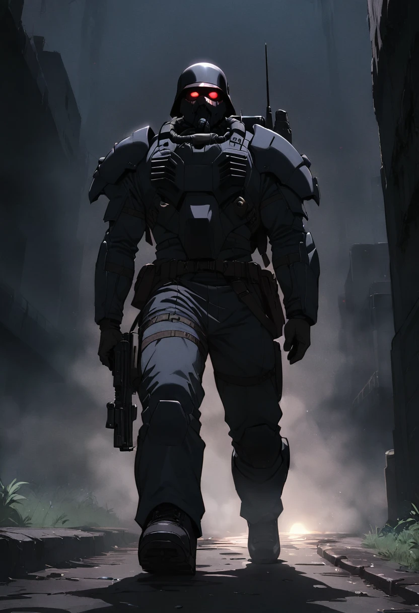 jin-roh!,1 boy,glowing,cowboy shot,strong,round eyes,backpack,no pupils,radio antenna,red eyes,dark,low-key,night,shadow,
sewer,walking,holding gun,heavy machine gun,from below,aiming at viewer,close-up,, cinematic light,masterpiece,best quality,very aesthetic,absurdres,incredibly absurdres,explit,NSFW,