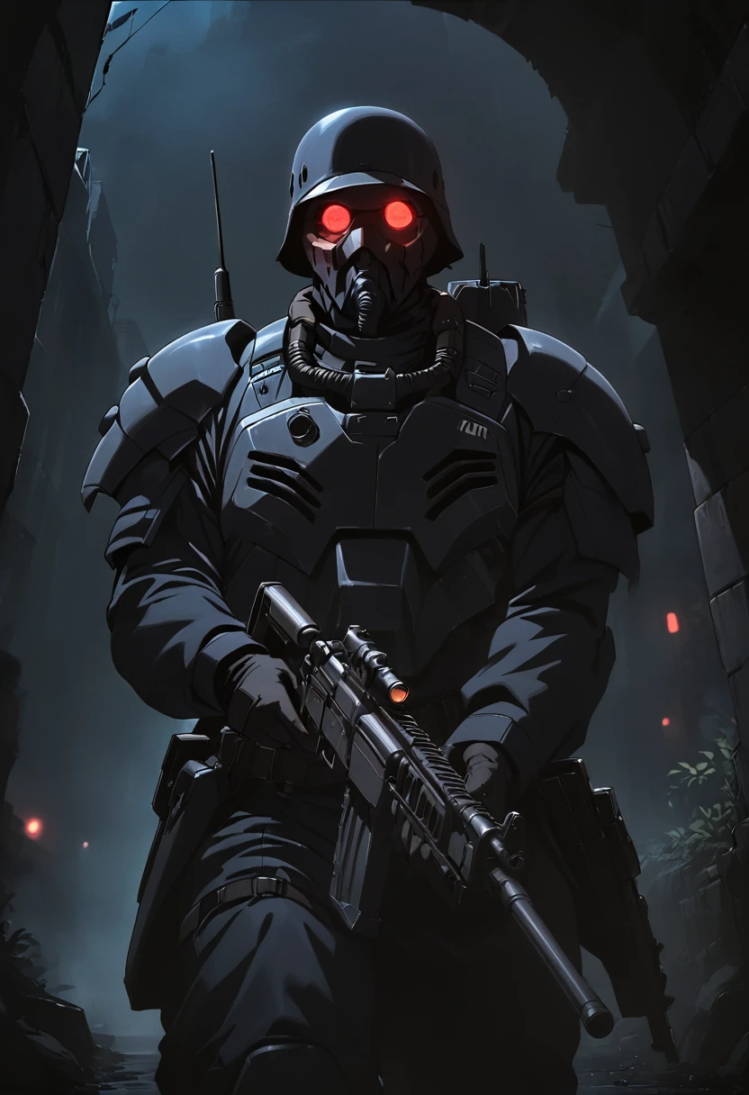 jin-roh!,1 boy,glowing,cowboy shot,strong,round eyes,backpack,no pupils,radio antenna,red eyes,dark,low-key,night,shadow,
sewer,walking,holding gun,heavy machine gun,from below,aiming at viewer,close-up,, cinematic light,masterpiece,best quality,very aesthetic,absurdres,incredibly absurdres,explit,NSFW,