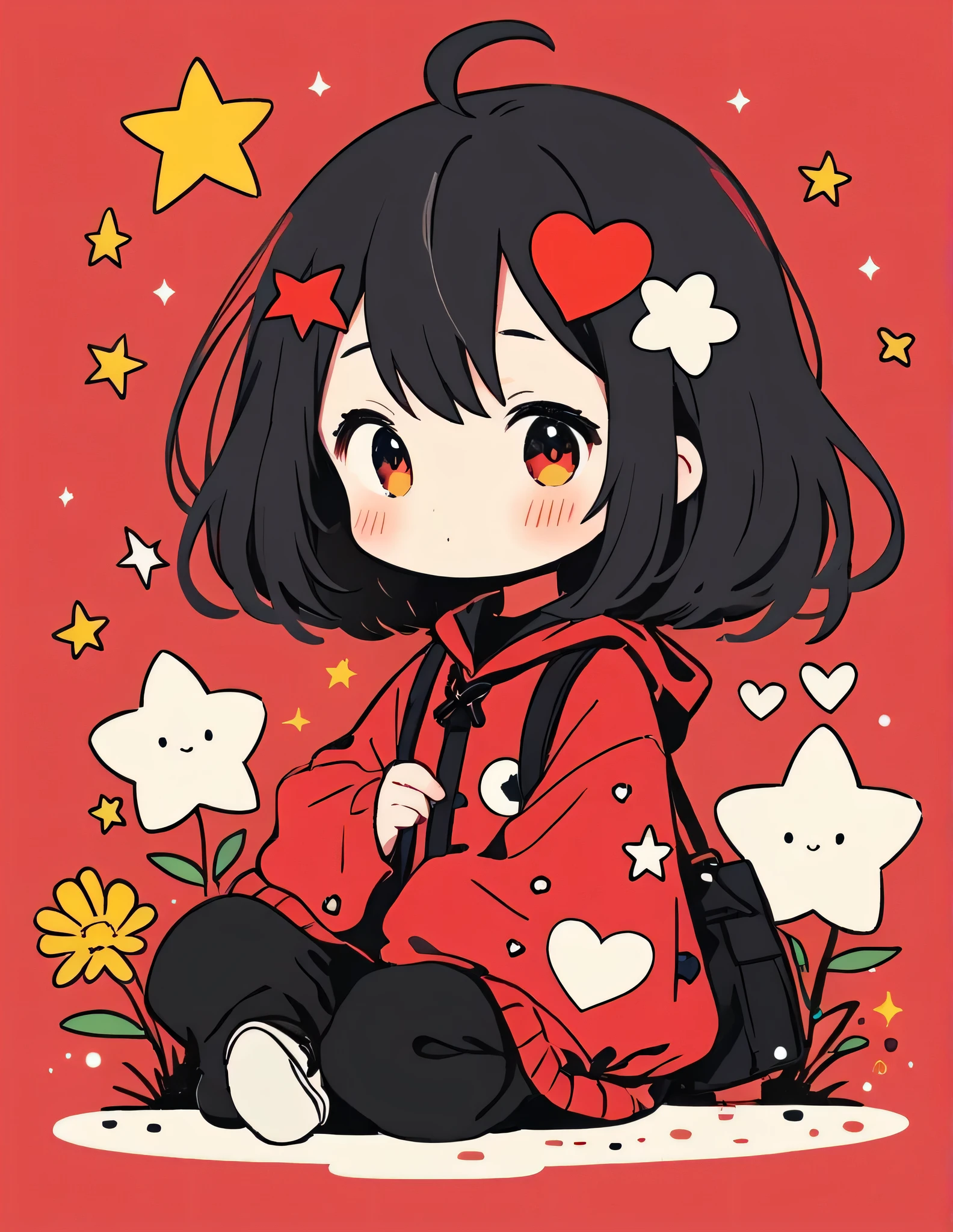 Black Star Red and White style, Simple Line Initialism，Abstract art，Kawaii Design, The most beautiful girl of all time、chibi, The background is star dust, colorful hearts, colorful flowers, (nap)