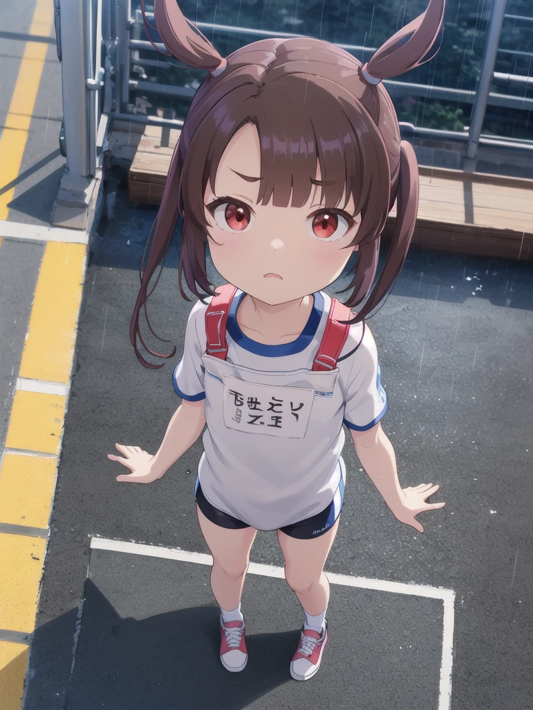 1girl,{{{{Standing on a grey mat}}}},Look Up,A view from above,Watching the audience,Outdoor,night,rain,Square bib number,White gym clothes,Red harness,Red eyes,Long twin tails,Brown Hair,Eyebrows visible through hair,Flat Chest,,Focus on face,Straight face 