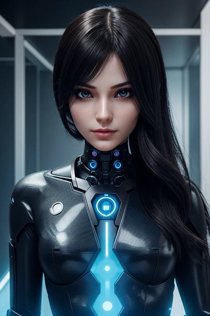 "Generate a mysterious digital avatar of a woman with a haunting aura." Also add robotic features who is trying to take over the world with ai
