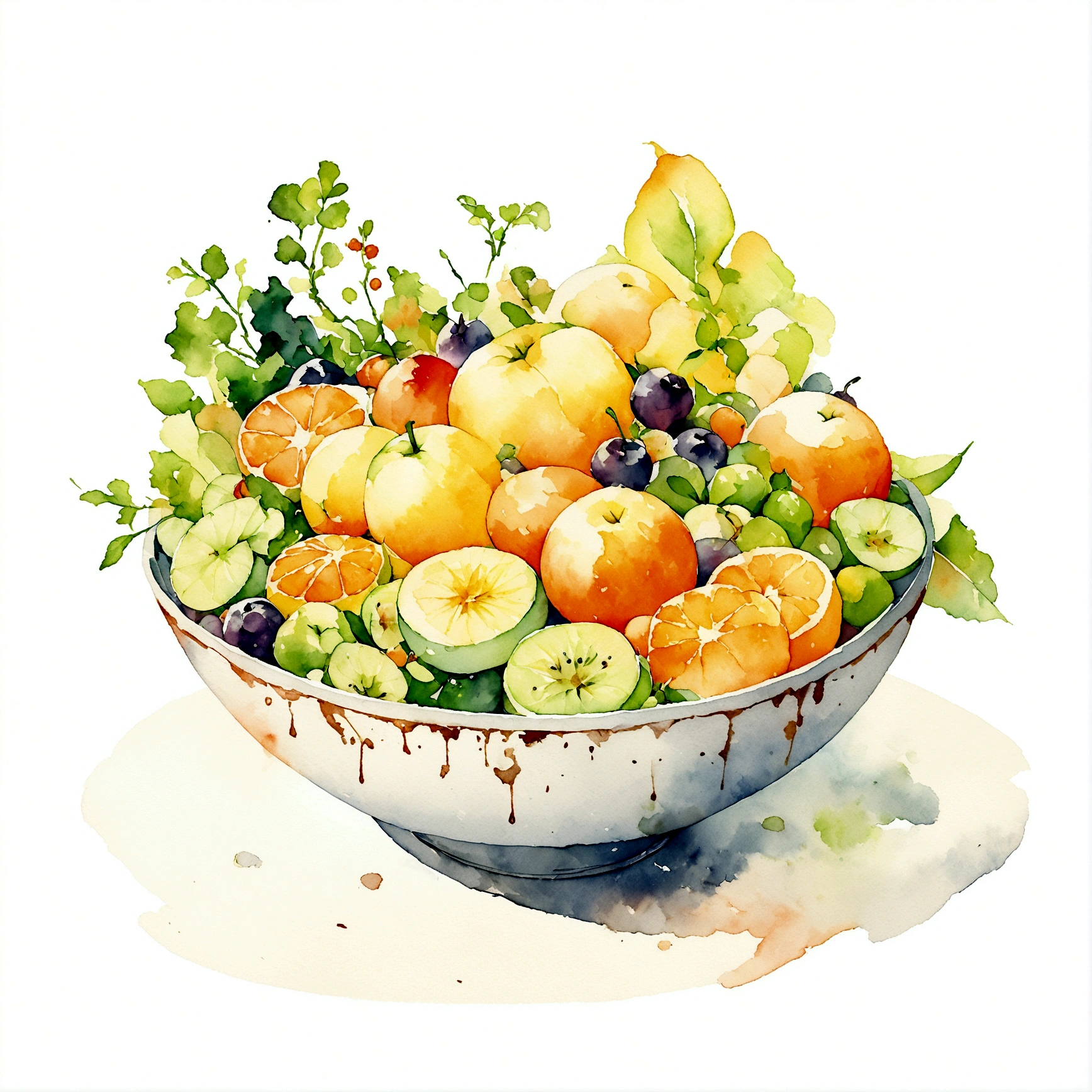 a vintage retro painting of a bowl of many delicious creamy fruits salad ((watercolor)), solid white background, center composition, negative space around the object, washed out color, detailed masterpiece, loose drawing, clipart, vector art, illustration