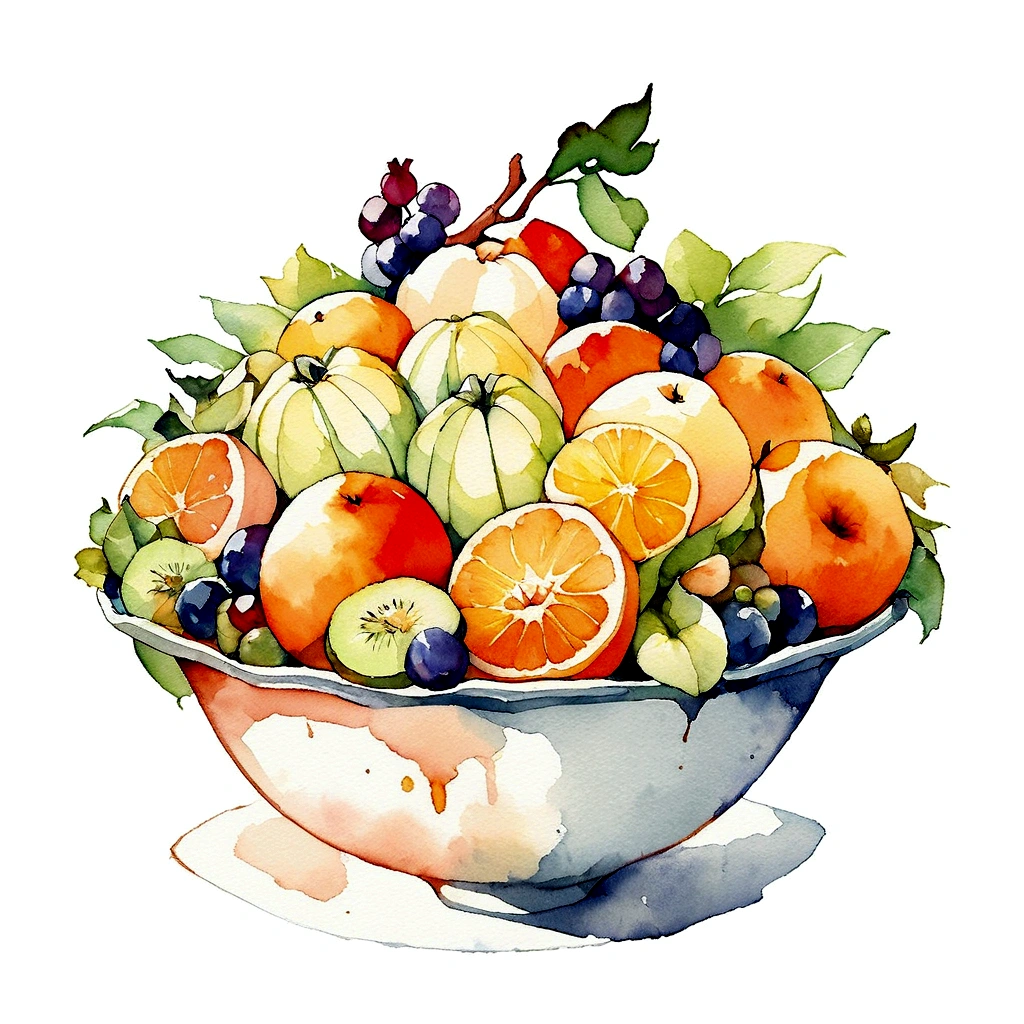 a vintage retro painting of a bowl of many delicious creamy fruits salad ((watercolor)), solid white background, center composition, negative space around the object, washed out color, detailed masterpiece, loose drawing, clipart, vector art, illustration