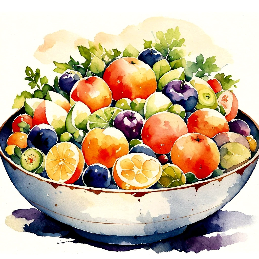a vintage retro painting of a bowl of many delicious creamy fruits salad  ((watercolor)), solid white background, center composition, negative space around the object, washed out color, detailed masterpiece, loose drawing, clipart, vector art, illustration