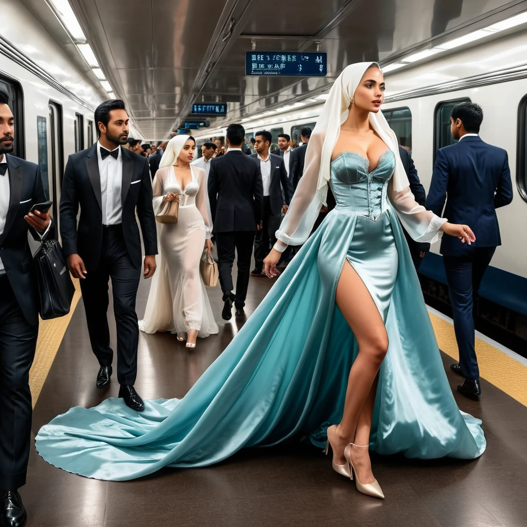 A woman secretary in the translucent night gown, wear corset with bra expose, wear blazer,wearing satin hijab, full body,mermaid tight long gown, flowy dramatic long gown,very long flor length gown, tall women, walk in the train coridor, between passanger, in the middle of the crowd, walking in a hurry,carry a bag, making a telephone call
 sexy face, sexy pose, wear high heels, masterpice, hyper realistic