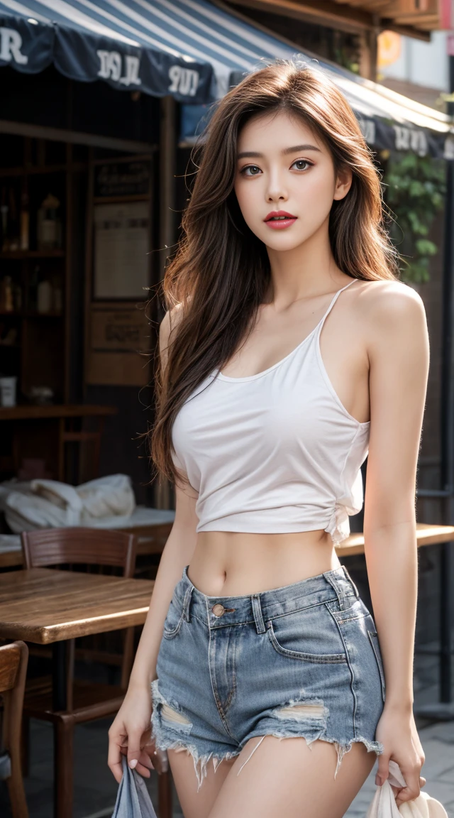 8K, Masterpiece, best quality, realistic, very detailed, 1 woman, healthy body, realistic skin texture, big breasts, staring at the audience, Crop shirt, Short t-shirt, tank top, underboobs, (Torn shirt), under , micro mini skirt, Sexy Pants, His shorts were torn.., Reveal beautiful skin., (สวมTorn clothes.),(Torn clothes),movie light, Face focus, good eyes, detailed face, The face was bright....., During the day, Outdoor coffee shop in the background, Low-angle shooting, View from below,รอยtattooสวยๆ,Glowing skin, alone, tattoo, decorate, pink lips, long hair, blue eyes, sharp eyeliner, Blush eyeshadow with thick eyelashes, Very delicate and beautiful, round chin,gag, hips up, Open the abdomen.., small low waisted shorts