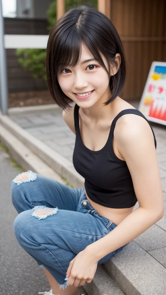 One girl, one girl, one person, japanese girl, mischievous smile, devilish smile, grinning smile, Japanese girl, 20 year old girl, beautiful, pretty face, cute face, mischievous expression, tank top, tank top, short hair