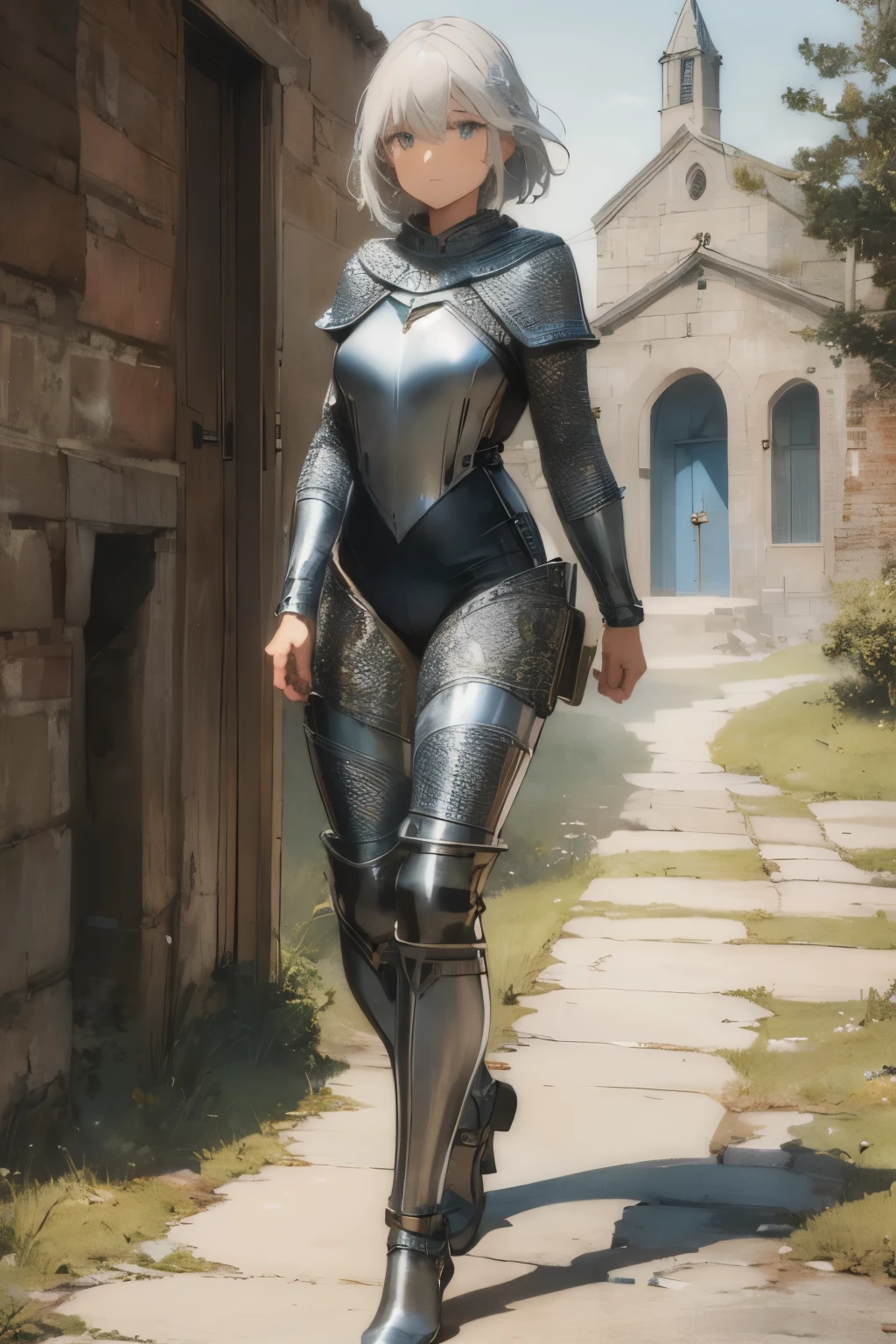 (((masterpiece))), (((best quality))), ((ultra-detailed)), (cinematic lighting), (illustration), (beautiful detailed eyes), (1girl), full body, knight, armour, light hair, best quality, expressive eyes, perfect face, Girl: (20s, white hair, short hair, black jumpsuit, grey and blue armour), walking, dungeon, brick floor, stone floor,