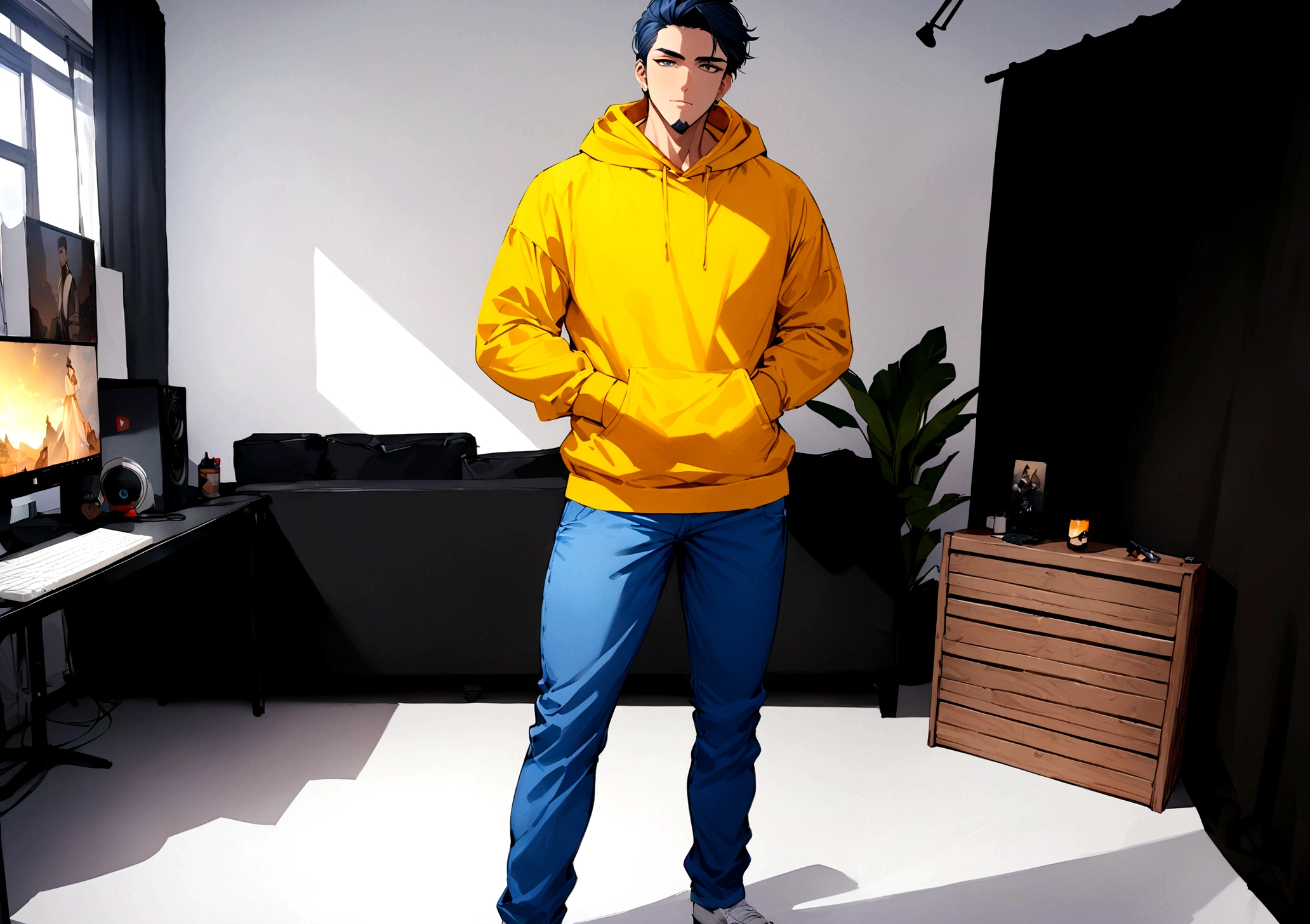 ((best quality)), ((masterpiece)), (detailed), a 22 years Indian man standing straight and look at the camera he is a YouTube creater , he is in his studio, he wears a yellow hoodie and a blue jeans , he is looking handsome