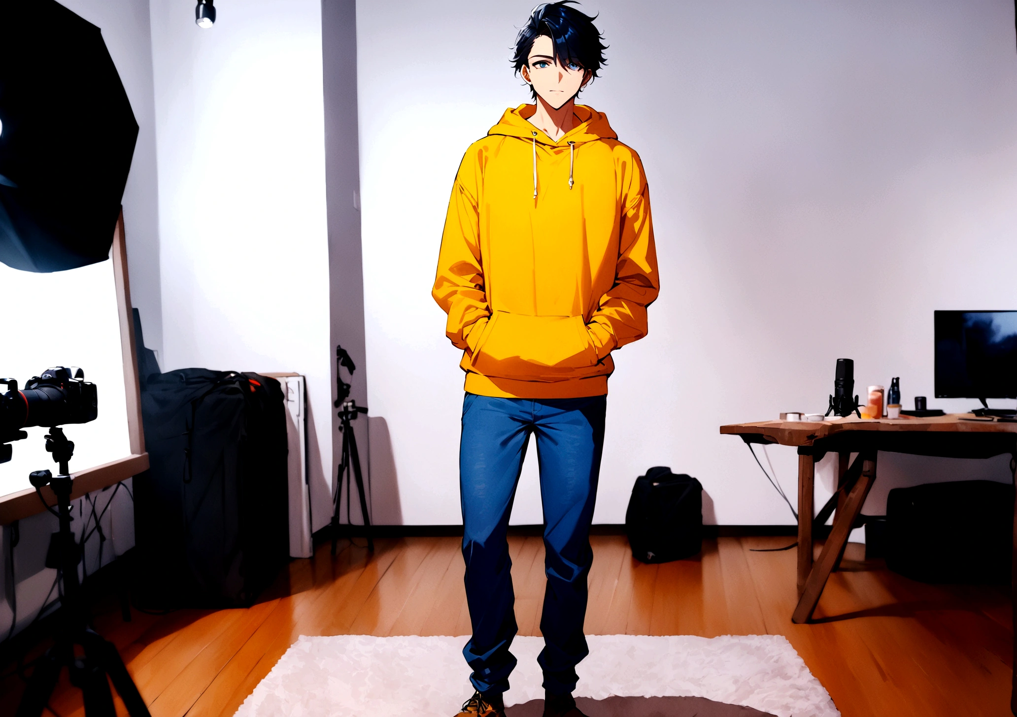 ((best quality)), ((masterpiece)), (detailed), a 22 years Indian man standing straight and look at the camera he is a YouTube creater , he is in his studio, he wears a yellow hoodie and a blue jeans , he is looking handsome