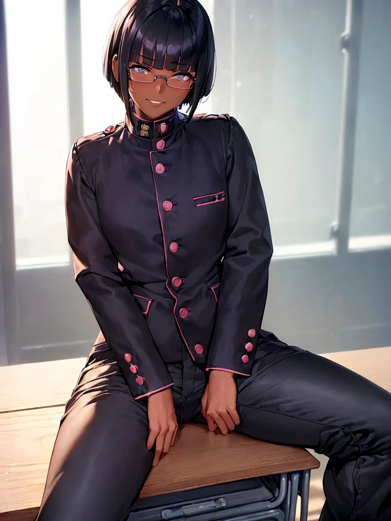 (1 girl solo),(dark skin:1.5),(masterpiece:1.2), highest quality, High resolution, unity 8k wallpaper, (fine and beautiful eyes:1.6), highly detailed face, perfect lighting, Detailed CG, (perfect hands, perfect anatomy),20 years old, (black hair:1.3), detailed eyes, best quality, extremely detailed, very precise detailed, (glasses:1.4), , (straight hair:1.5), (evil smile:1.4) ,long sidelocks, (blush:1.3),(gakuran,long pants:1.5),(very short pixie cut:1.4),(blunt bangs:1.4), (greaming skin:1.3),(in class room:1.3),(sit on desk:1.4),(spread legs:1.5),(flat chest:1.3),open dakuran.shirt under gakuran