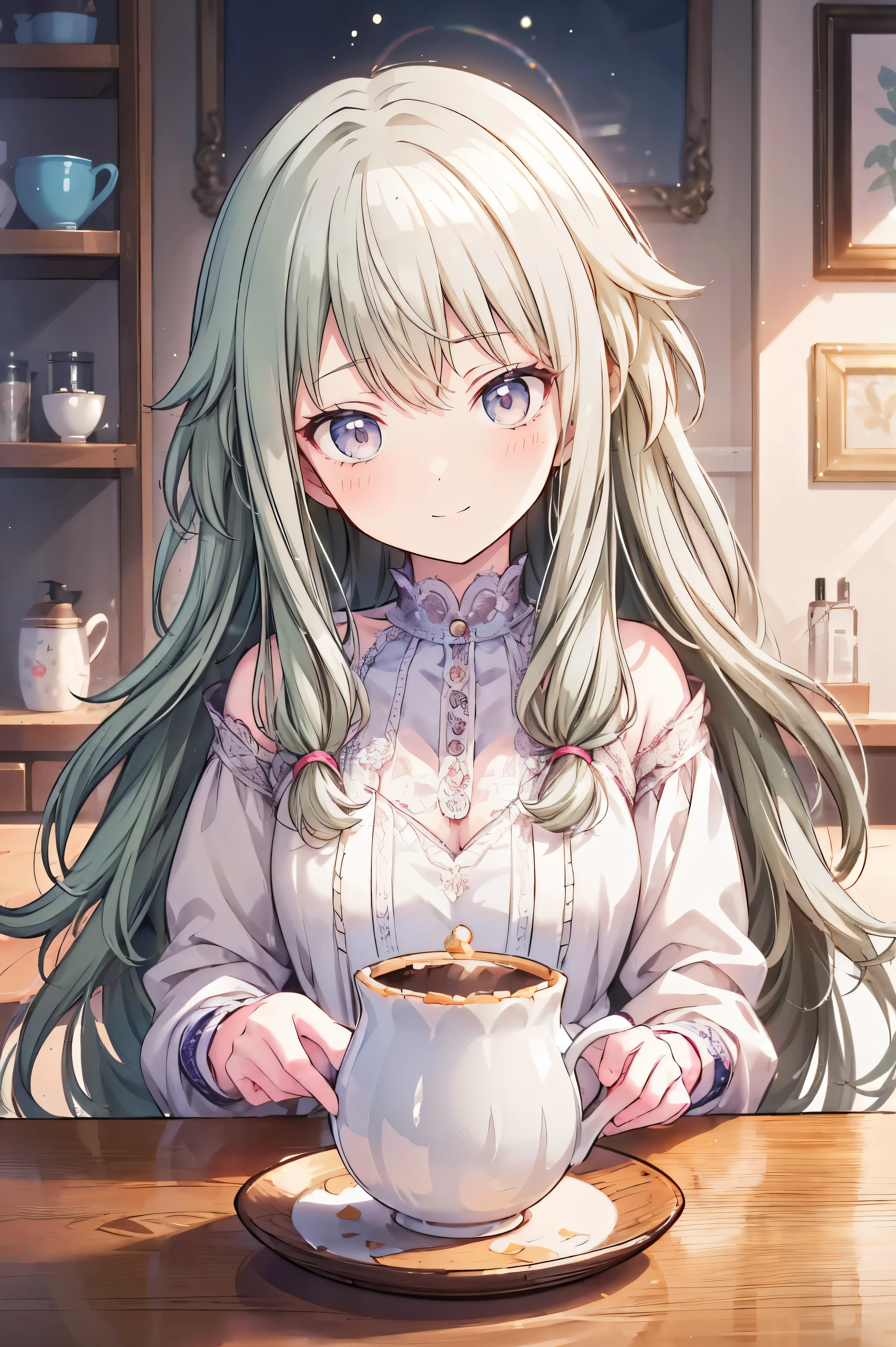 (Tabletop:1.2)、masterpiece、Best image quality、(Front facing)、Face the camera、Fluffy hair、Delicate eyes、A lovely big smile, 最high quality、girl、1 person、masterpiece, Most detailed, high quality、Shiny Hair、Very fine and beautiful bright eyes、nose blush、Very detailed, clear and beautiful face, Awards, (Anatomically correct)、Reach out