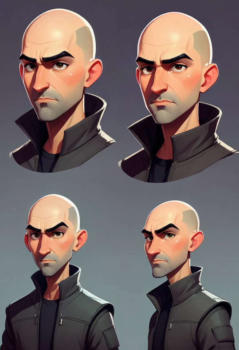 1 futuristic bald man, flat American, without any facial features, it seems that his face is lined with a type of texture, (ntf image), digital human, Character Design The character should be simple to draw, but should have distinctive and memorable features that help to make him stand out. Please generate a variety of poses and expressions for the character, and feel free to experiment with different clothing designs or accessories to help further develop his personality and style.