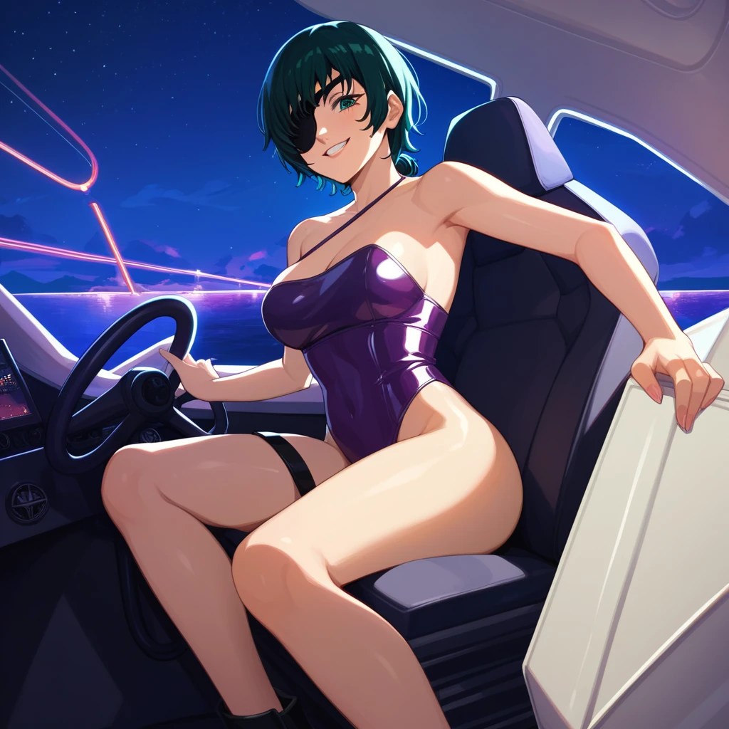 himeno, himeno(Chainsaw Man), solo, mature female, mature, Adult, eyepatch, looking down, seductive smile, evil grin, Villains, Octopus motif Cockpit, inside cockpit, piloting robot, red iron tentacle-like tubes, lever with octopus motif, gundamwingcockpit, joystick, seatbelt, sitting, latex purple leotard, purple headgear with extended tubes, Night, Dark, masterpiece, Top animation quality,Top image quality,