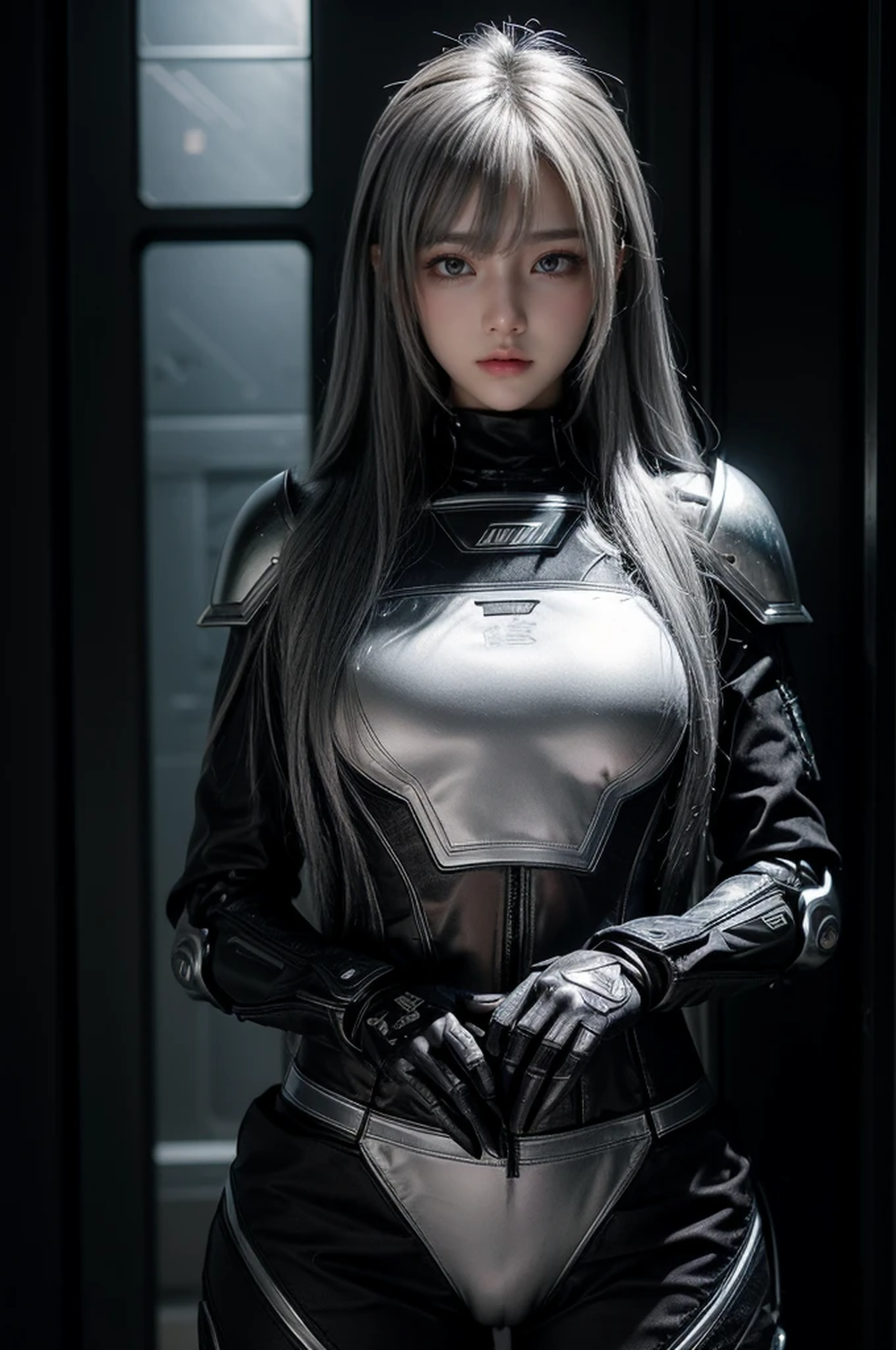 cyber angel,machine wing,{{Sci-Fi Armor}},cyber suit,cyberpunk,science fiction,cyber battle armor,Battledress,Military Uniforms,pants,black military uniform,whole body,Height: 168cm,almond shape eyes,{{{{{silver eyes}}}}},{{{{{dull bangs}}}}},(slanted eyes},{{whole body},{{{1 girl}}}, long hair, straight hair,{{{{silver hair}}}},{{{tsurime}}},30 years old,{Medium chest},{{bush}},silver eyes,{{{masterpiece}}}, {{{highest quality}}}, {{Super detailed}}, {shape}, {{very delicate and beautiful}},very detailed,detailed perfect,detailed hyper,Abundant thighs,big ass,black clothes,natural hands