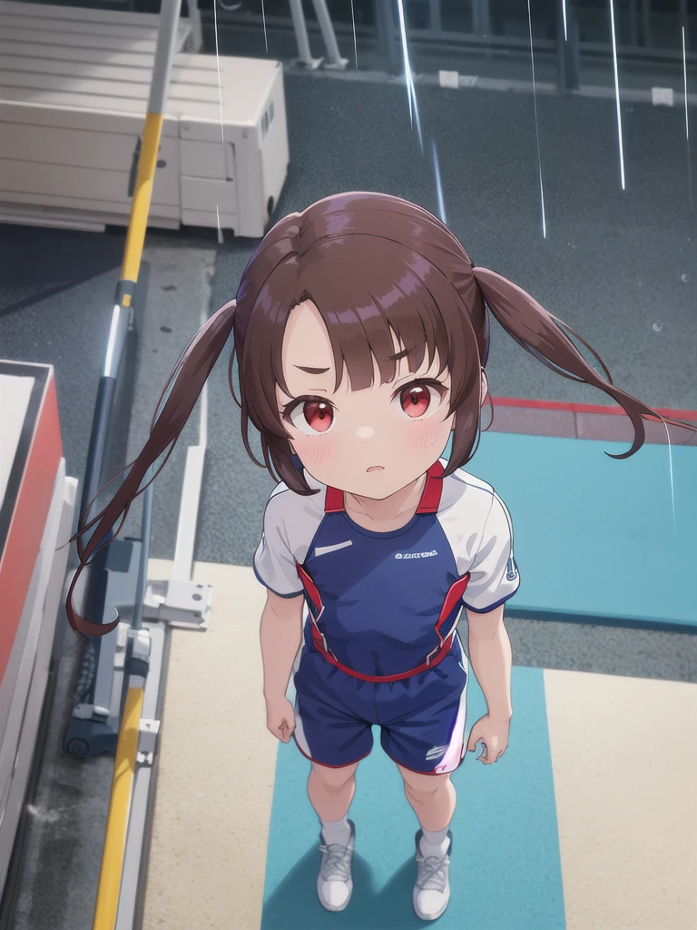 1girl,{{{{Standing on a grey mat}}}},Look Up,A view from above,Watching the audience,Outdoor,night,rain,Square bib number,Gym suit,Red harness,Red eyes,Long twin tails,Brown Hair,Eyebrows visible through hair,Flat Chest,,Focus on face,Straight face
