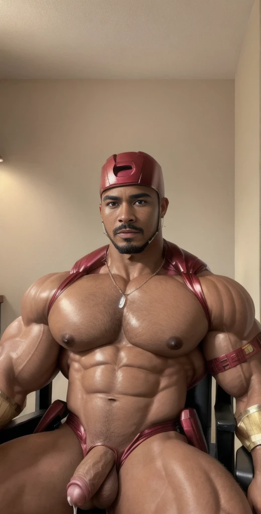 (masterpiece, intricately detailed, highest resolution, best quality:1.2), (doujin), a cocky African American Instagram influencer,a 24 y.o muscle stud with a muscular physique sitting on a chair with black eyes,dark-skinned male, wearing a ((Ironman inspired costume)), (excessive cum), (cum on body), (cum drip), flaccid penis,saggy balls,hairy chest,vascular,muscle striations,soft light,fantastic realism,