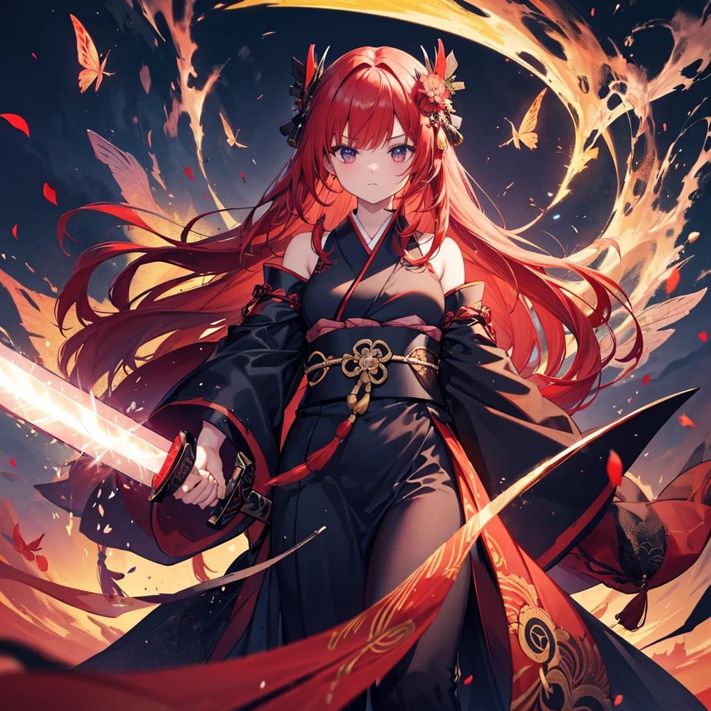 ((((Grasp the sword 1 person)))) (((Redhead Long Hair Black kimono red band Goddess of victory))) ((Red butterfly night Japanese style shoulder old)) (moon star autumn) Shining Edge Shining Background