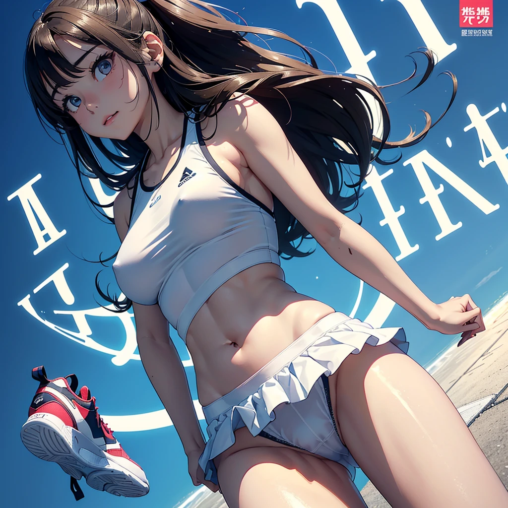 (super flat, flat hatching, flat colors:1.1)、(magazine cover)、illustrations、(Asian girl)、(cute little:1.2)、Very beautiful 20 year old cartoon girl、Great smile、Cheeks flushed、(highly detailed skin: 1.2)、Photorealistic render of an anime girl、realistic anime 3D style、cute littleボブカット красивые каштановые волосы、intense black eyes、Bright highlights of the eyes、((Naked and oiled、neat big breasts、sport underwear))、Ideal Anatomy、((fabulous、very large breasts))、hair is dirty、Beautiful underwear、((Tight white tennis uniform with belly button、elastic and thin fabric))、((White miniskirt with flared hem))、sportswear、sneakers、(support)、Stadium、volumetric lighting、soft light、bright colors、Watercolor painting、