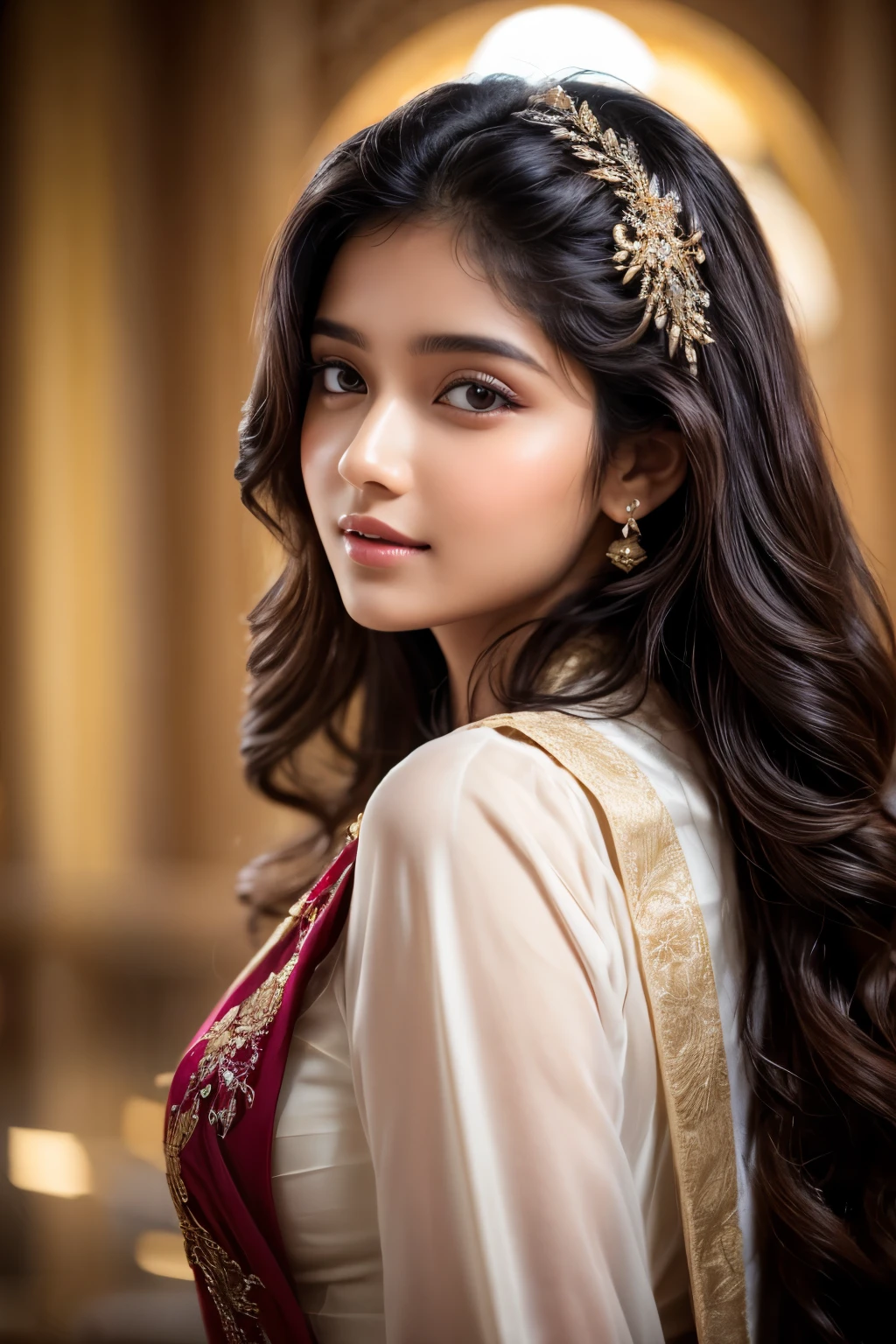 A breathtakingly beautiful 18-year-old girl named Anikha, who is the epitome of elegance and charm. She stands out as the central focus of this ultra-detailed, 8K resolution masterpiece with a perfect score of 9 and a UHD rating of 1.3. Her delicate facial features are captured with a stunning realism that's amplified by a majestic score of 1.5, making her appear as if she's stepped out of a high-definition dream. Her skin glows with a soft blush, perfectly accentuating her detailed, natural beauty. Her eyes, a rich brown, are filled with a blissful vibe, reflecting the cinematic lighting that surrounds her. They are so realistic and sharp that they seem to hold secrets of the universe within them. Her long shining hair are adorned with a hair ornament that adds an extra touch of elegance to her already flawless look. The background, a canvas of blurred perfection with a score of 1.7 for background blur, showcases an intricate  design that complements the overall aesthetic without overwhelming the main subject.
