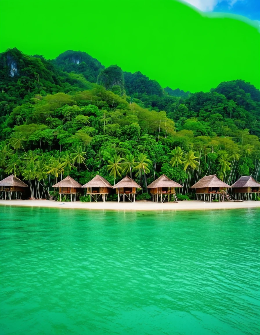 Bamboo hut houses in Thailand are on an island in the middle of the sea. The atmosphere is natural and beautiful. The sea water is emerald green. The images from the camera are clear and clear 8 K.