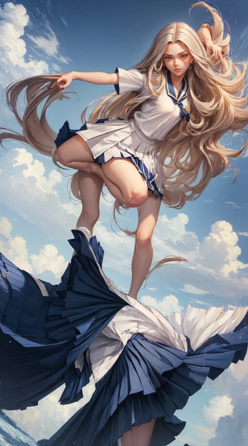 (extremely detailed CG:1.2), (masterpiece:1.2), (best quality:1.2),,((absurdres)),looking at viewer,full body, ,(1girl),solo,(long hair),(mathayom uniform),(white shirt short sleeves),(navy_blue pleated skirt),(long skirt),dynamic angle,standing,dynamic pose,((Delicate facial features)),,
